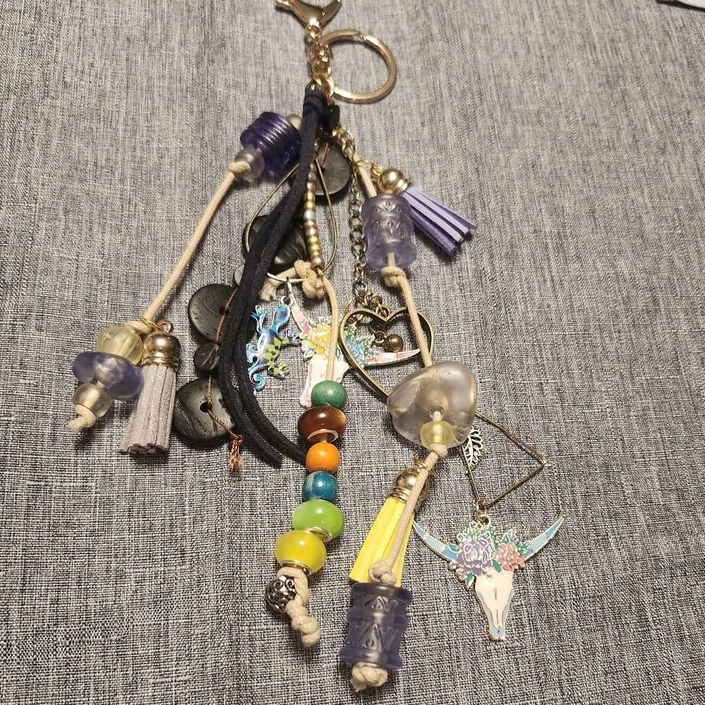 Bag Charm Handmade Boho Glass Beads, Bulls, Hearts, Tassels, Multi Color